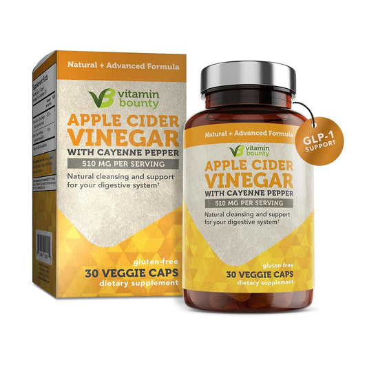 Vitamin Bounty Apple Cider Vinegar Capsules with Cayenne Pepper - Organic ACV with Mother for Digestive Health & GLP-1 Support - 510mg, 30 Capsules