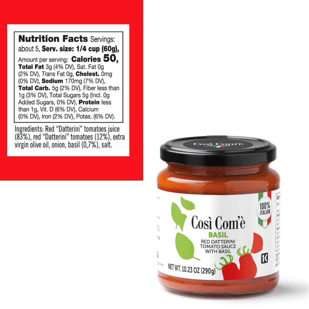 Red Datterino tomato sauce with basil 1023 OZ Pasta sauce prepared with 100 Italian tomato and basil ready to use Ideal to season pasta dishes Non Preservative Non GMO Product of Italy Così Comè