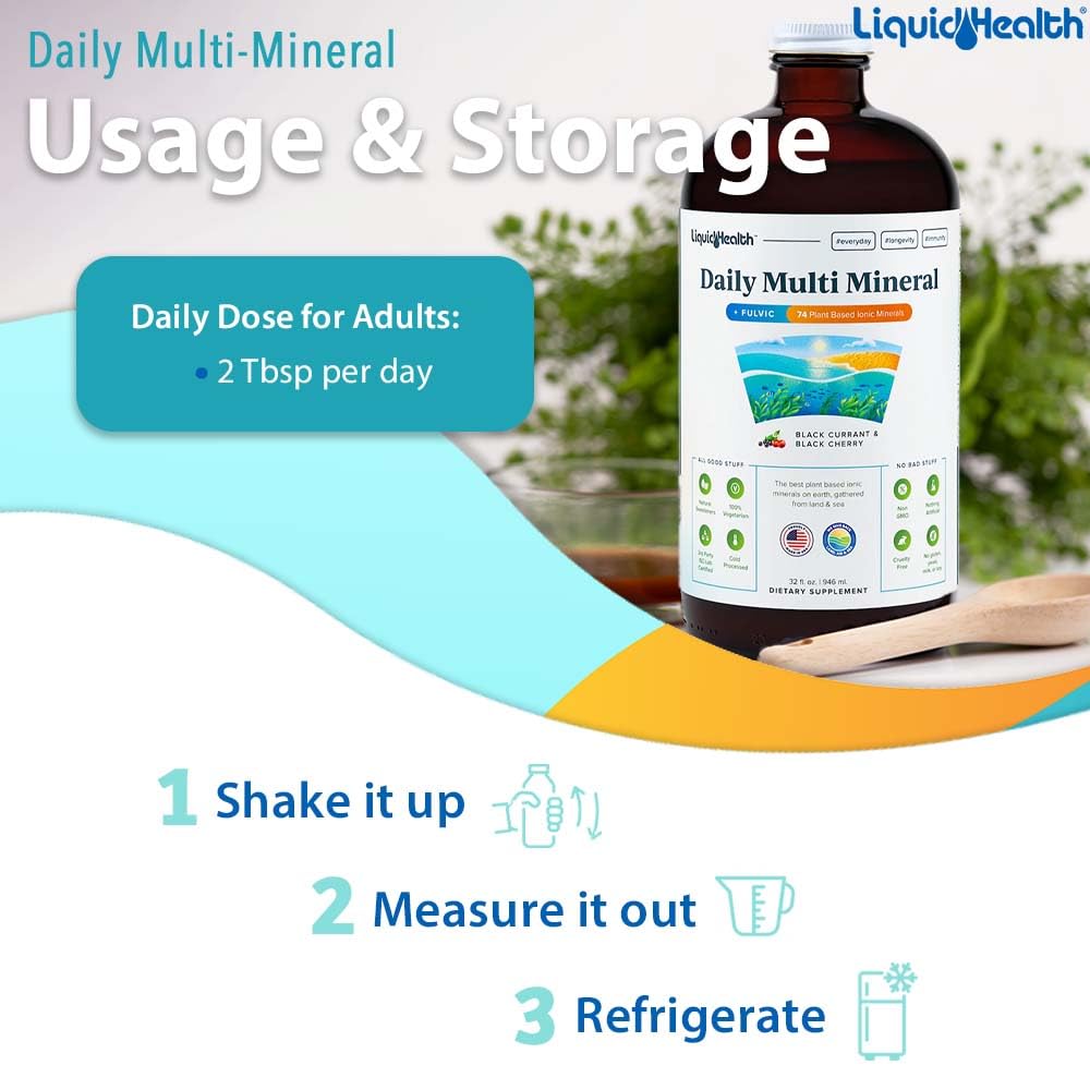 LIQUIDHEALTH Daily Multi Mineral Liquid Supplement with Fulvic Acid, Plant Based Ionic Aquamin Sea Trace Ocean Minerals - Immune Support, Energy, Gut Health, Detox - Vegetarian (32 oz)