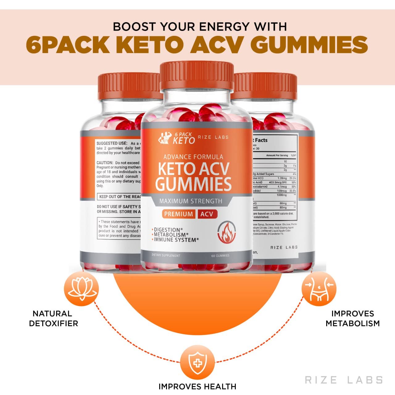 rize labs - 6 Pack Keto Advanced Formula ACV Gummies (60 Gummies)