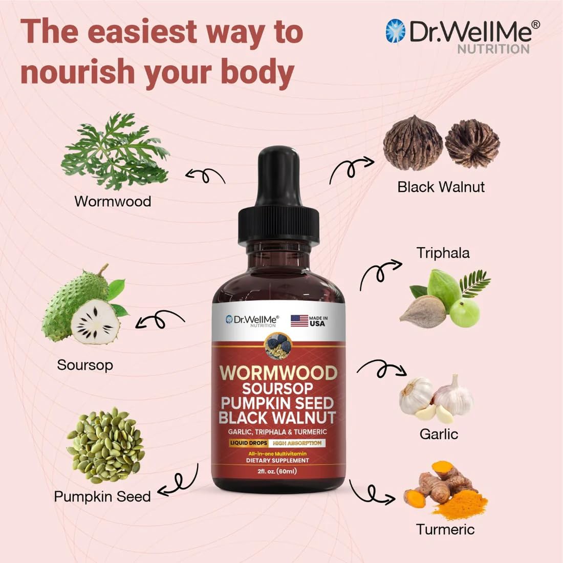 Dr.WellMe Wormwood Soursop Liquid Drops (2 fl oz, 60 ml) | Pumpkin Seeds, Black Walnut | Garlic, Triphala, Turmeric | Immune Boost, Digestive Health & Detox Support