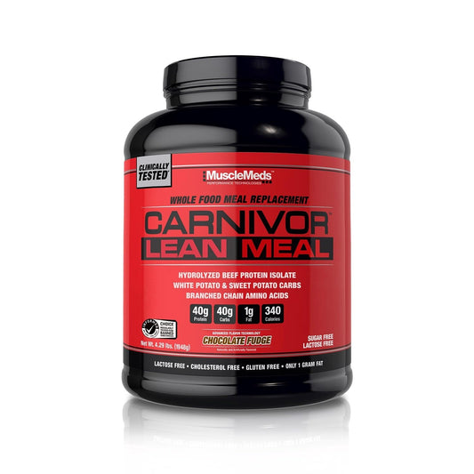 MuscleMeds CARNIVOR LEAN MEAL whole food meal replacement shake, MRE, beef protein isolate, white potato, sweet potato, 40g protein, 40 g carbs, lactose free, sugar free, Chocolate Fudge 20 servings