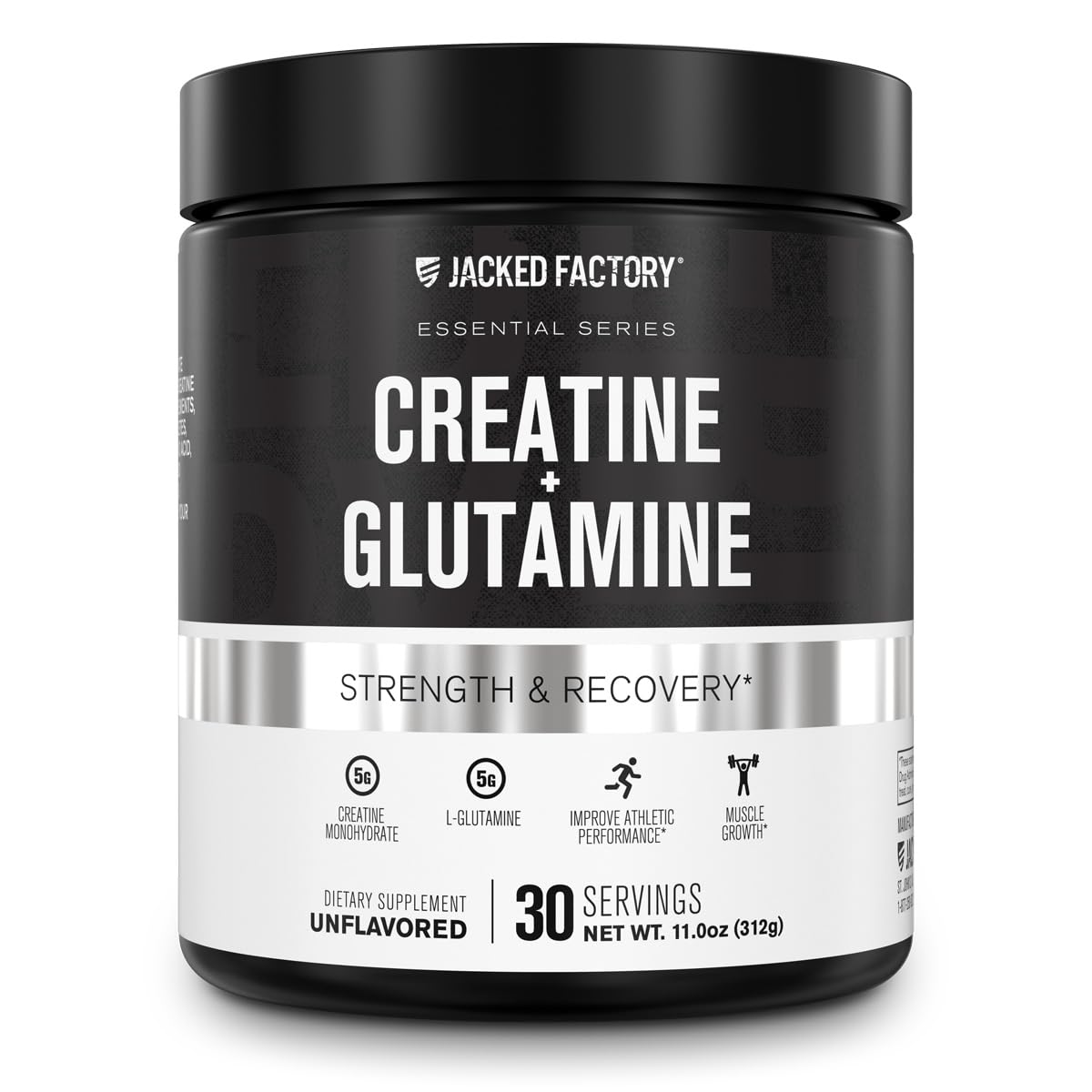 Jacked Factory Creatine + Glutamine - Creatine Supplement with L-Glutamine for Muscle Recovery, Muscle Growth, Increased Strength, Enhanced Energy Output, and Gut Health - 30 Servings, Unflavored