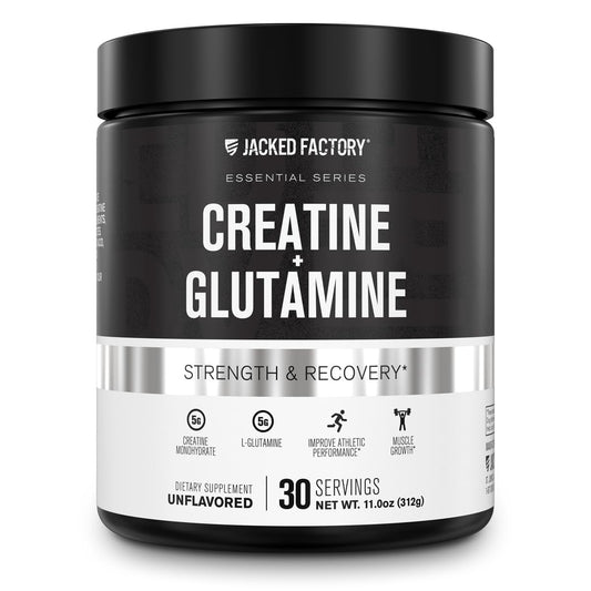 Jacked Factory Creatine + Glutamine - Creatine Supplement with L-Glutamine for Muscle Recovery, Muscle Growth, Increased Strength, Enhanced Energy Output, and Gut Health - 30 Servings, Unflavored