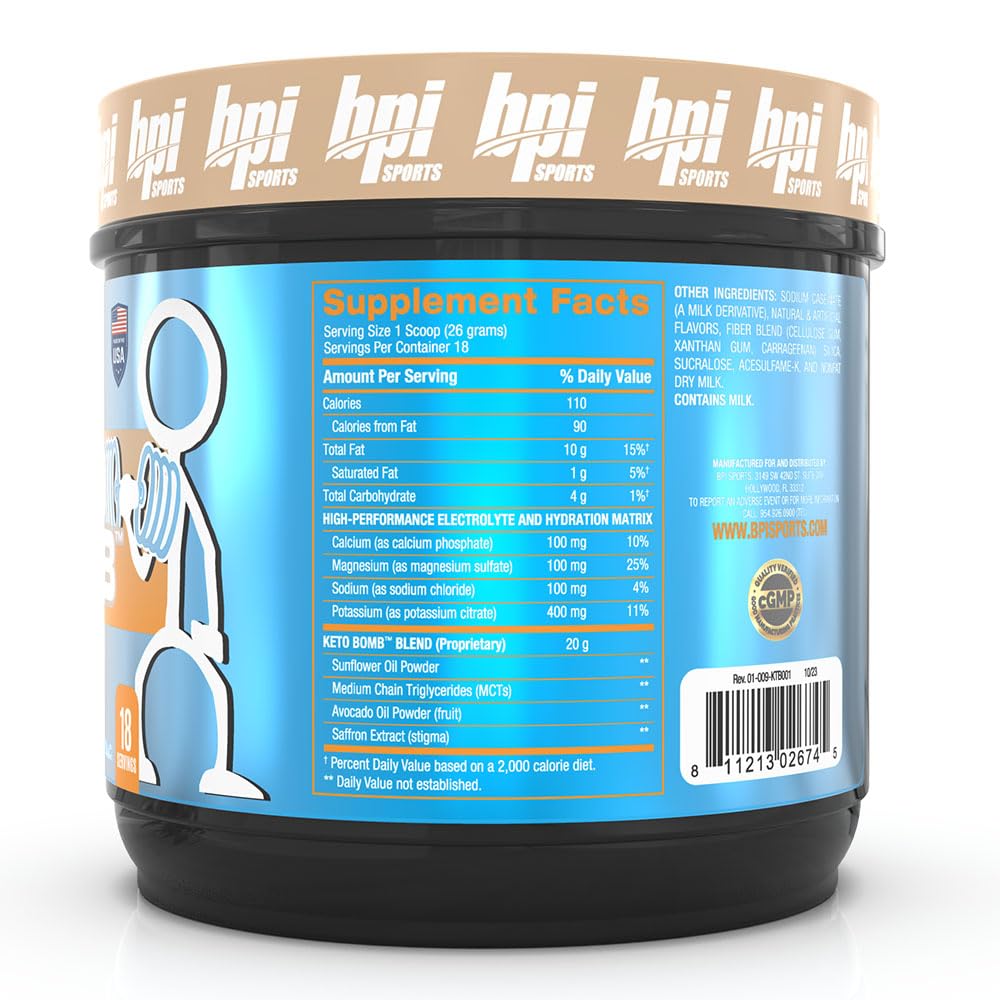 BPI Sports Keto Bomb - Promotes Energy, Hydration and Fat Loss - MCT and Electrolytes - Sugar-Free with Calcium - French Vanilla Latte, 18 Servings