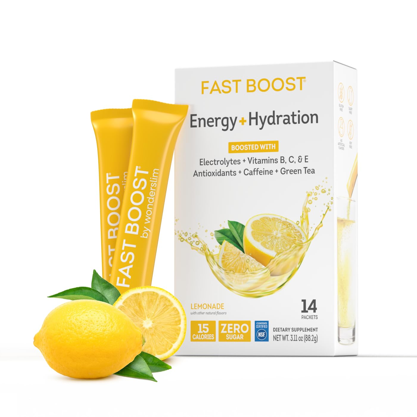 Wonderslim FAST BOOST Energy & Hydration Drink Mix - Lemonade flavored, Sugar Free Electrolytes Powder Packets with Antioxidants, Green Tea Extract, Vitamins B, C & E (14 Stick Packs)