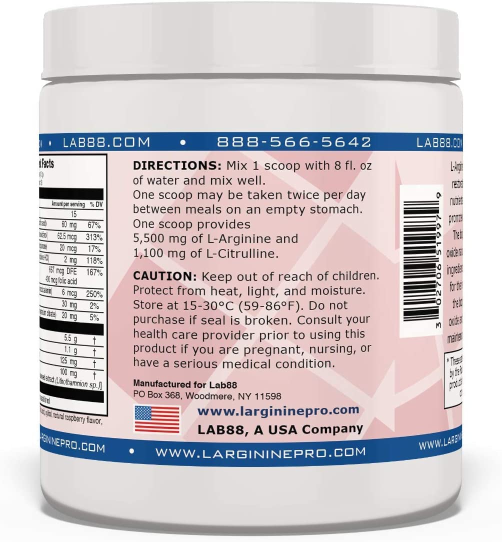 L-ARGININE PRO | 5,500mg L-Arginine Plus L-Citrulline 1,100mg Powder Drink Mix Supplement for Increased Nitric Oxide Production (30 Servings (Pack of 4), Orange & Raspberry)