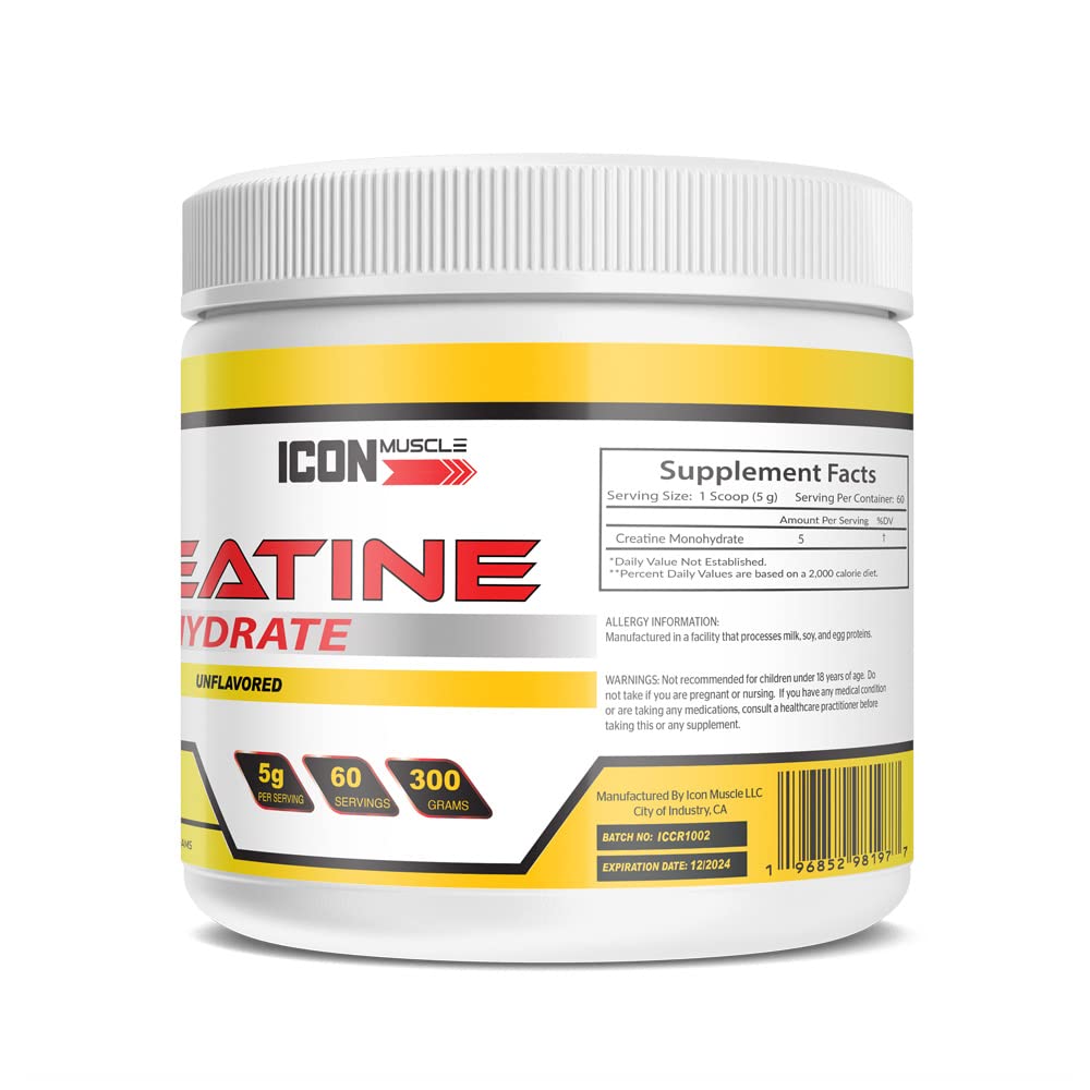 Icon Muscle Creatine Monohydrate Powder 300 Grams | Post Workout Recovery | Muscle Building Creatine Supplements | Unflavored