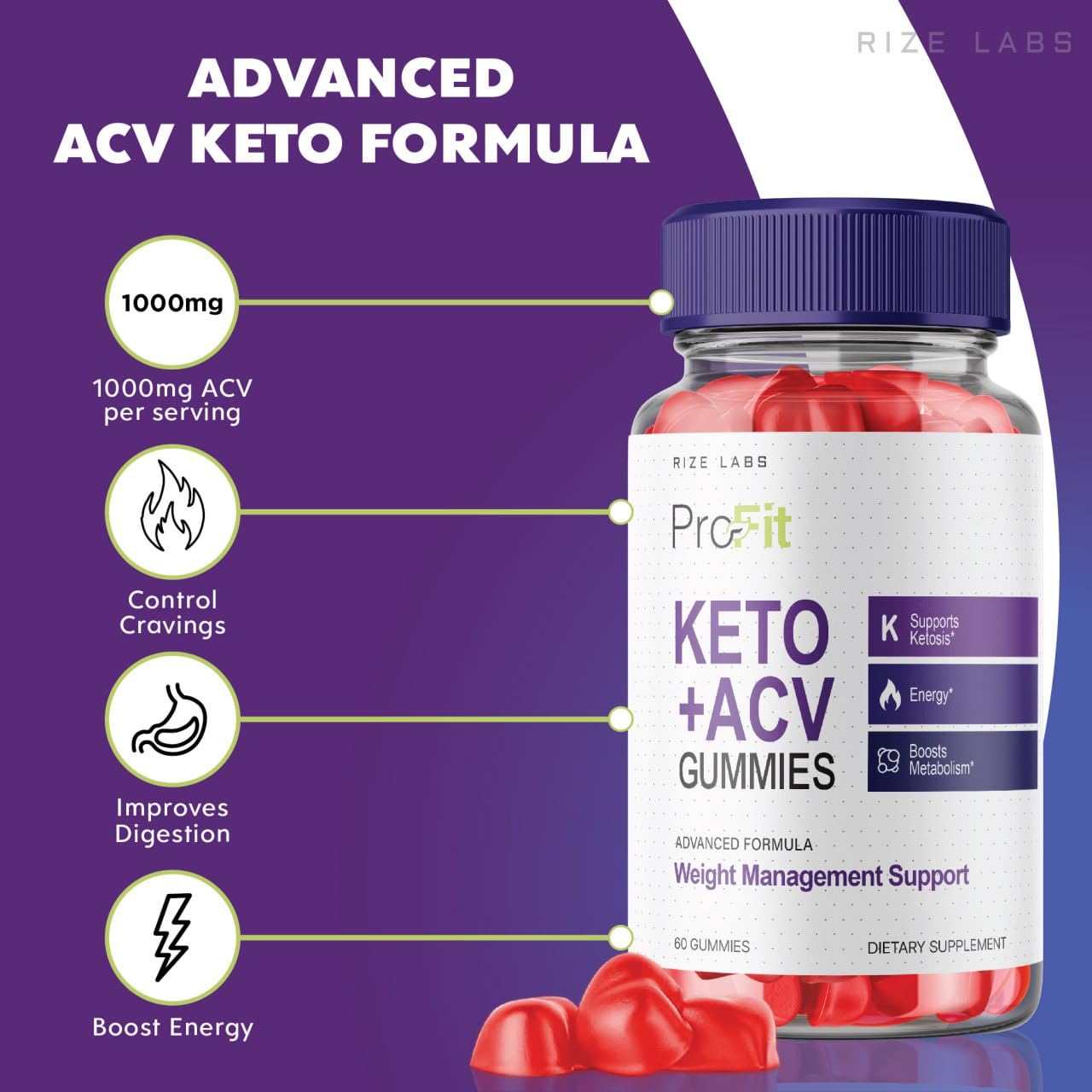 rize labs - Profit Keto+ACV Gummies for Weight Loss, Belly Fat Diet, Vegan Advanced Formula (60 Gummies)