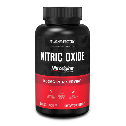 Jacked Factory Essentials Nitric Oxide Booster - Patented Bonded L-Arginine Silicate 1500mg Pre Workout Supplement for Muscle Growth, Pumps, Vascularity and Energy - 90 Veggie Pills