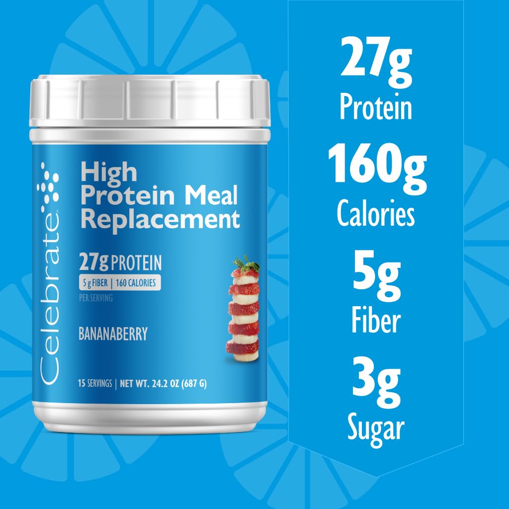 Celebrate Vitamins High Protein Meal Replacement Shake, 27 g Protein Powder, 5 g of Fiber, For Post-Bariatric Surgery Patients, Bananaberry, 15 servings