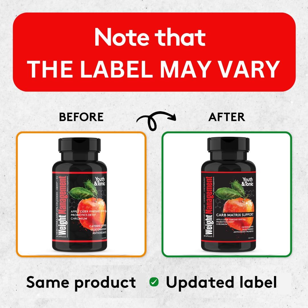 Youth & Tonic Weight Management Carb Matrix Support for Appetite Suppressant, Hunger Control, Metabolism Booster, Natural Detox & Gut Cleanse for Women & Men, 60 Pills w/ACV, Glucomannan, Chromium