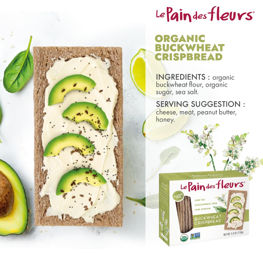 Le Pain Des Fleurs Organic Buckwheat Crispbread  Low Sodium Low Fat Vegan Crackers 6 Pack of 53 oz Boxes
