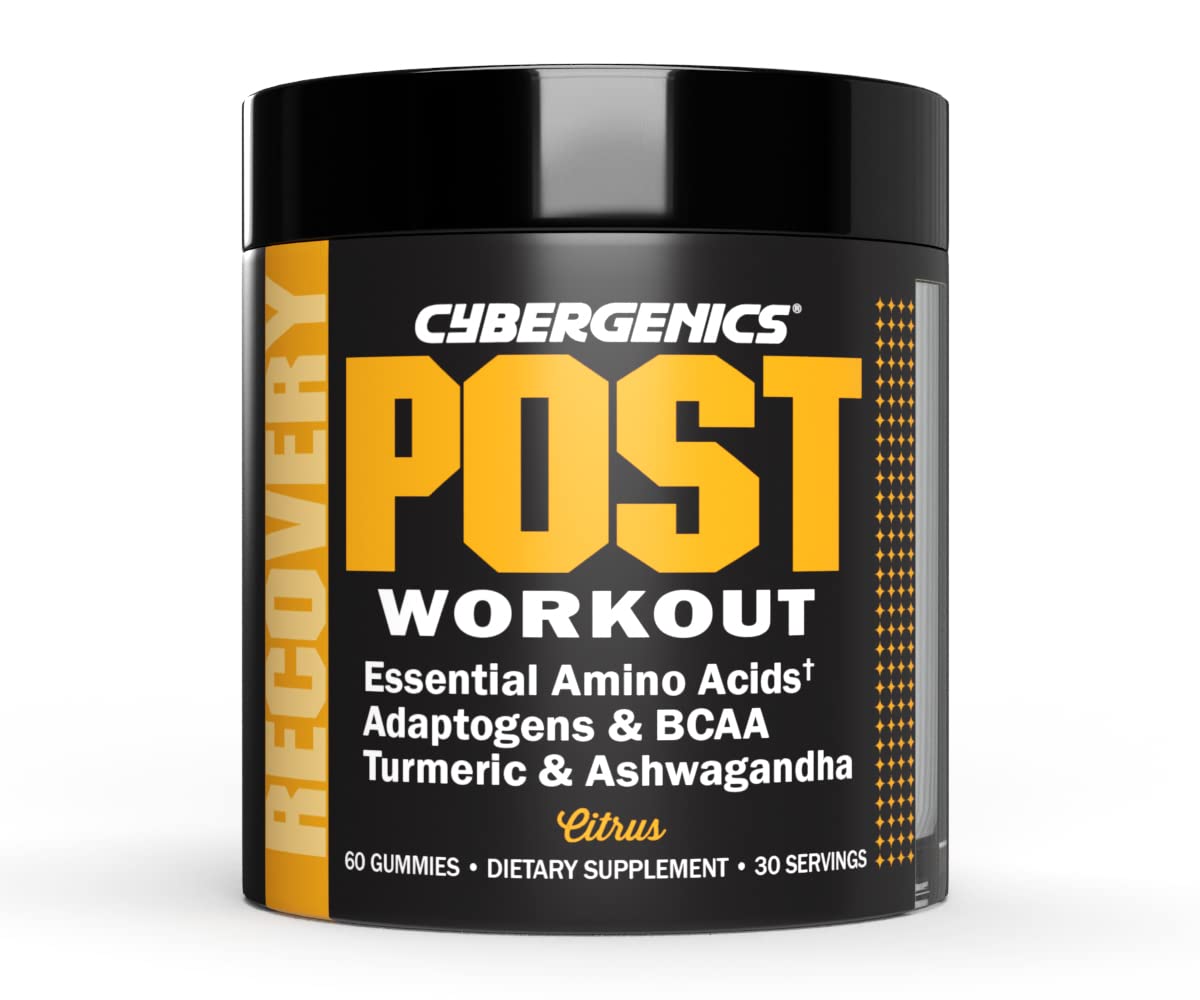 Cybergenics Post-Workout Gummies, Recovery Accelerator, Support Muscle Recovery & Joint Health, Essential Amino Acids, with Ashwagandha & Curcumin, BCAAs, Citrus Flavor, 60 Gummies, 30 Servings