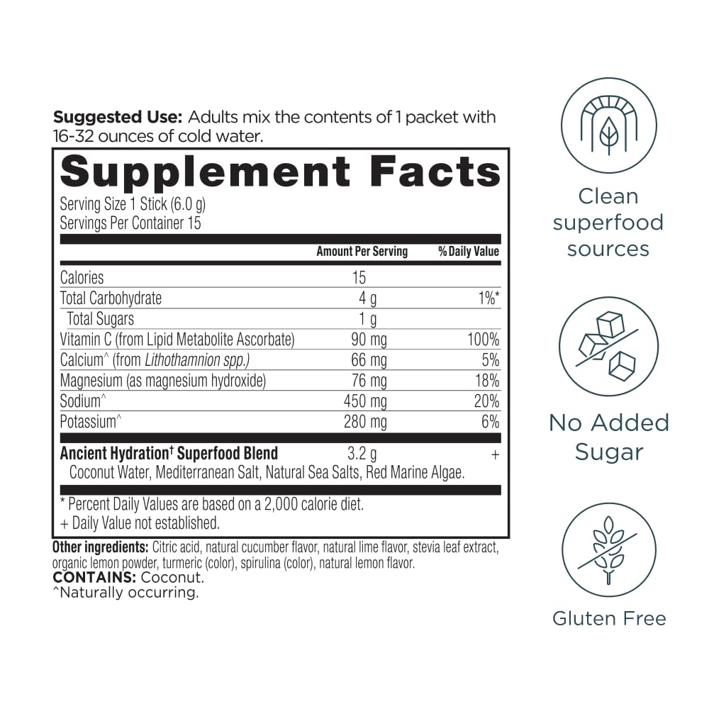 Ancient Nutrition Rapid Hydration Powder, Lemon Lime, Electrolytes from Natural Sea Salts and Red Marine Algae, Supports Rapid Body Hydration and Cellular Health, 15 Servings