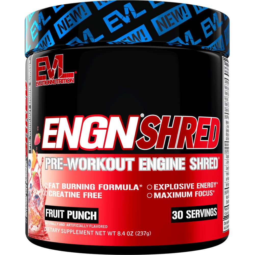 EVL Ultimate Pre Workout Powder - Thermogenic Fat Burn Support Preworkout Powder Drink for Lasting Energy Focus and Stamina - ENGN Shred Intense Creatine Free Preworkout Drink Mix - Fruit Punch