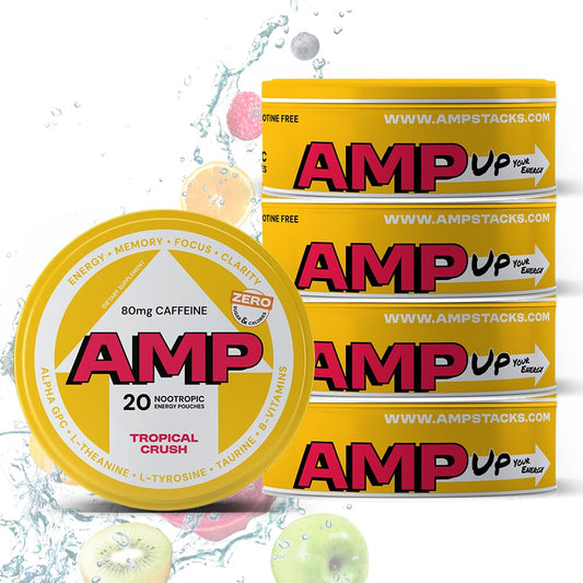 Energy Pouches Tropical Crush 20 Pouches per Can 5 Packs - 80mg Caffeine & Nootropic Blend - Zero Sugar, Nicotine-Free - Enhances Focus, Memory & Performance