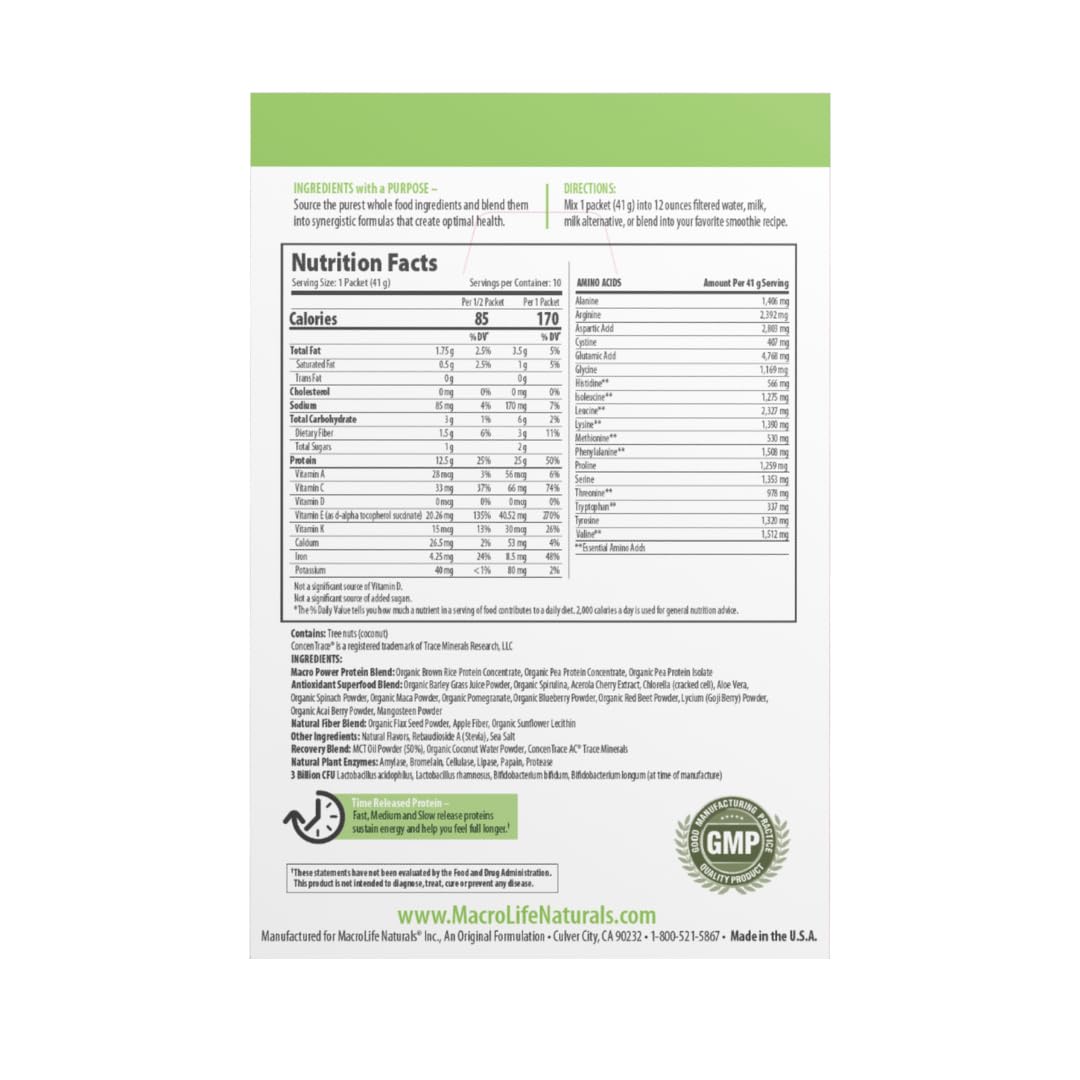 MacroLife Naturals MacroMeal Vegan Vanilla Superfood Supplement Powder Protein + Greens, Probiotics, Digestive Enzymes, Fiber - Energy, Detox, Immune - Non-GMO, Gluten-Free- 10 Packet Servings