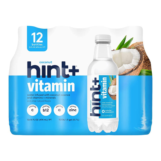 Hint Vitamin Coconut Pure Water Infused with Coconut Plus a Vitamin Boost 50 Daily Value Vitamin C Vitamin A B12 Zinc Zero Sugar Zero Calories Zero Diet Sweeteners 16 Fl Oz Pack of 12