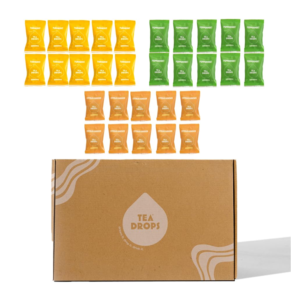 Tea Drops Herbal Trio Gift Set Sampler  Dissolvable Bagless Loose Leaf Tea  Iced or Hot  Caffeine Free Naturally Sweetened Peppermint Turmeric Citrus Ginger  10 Per Flavor  30 Servings