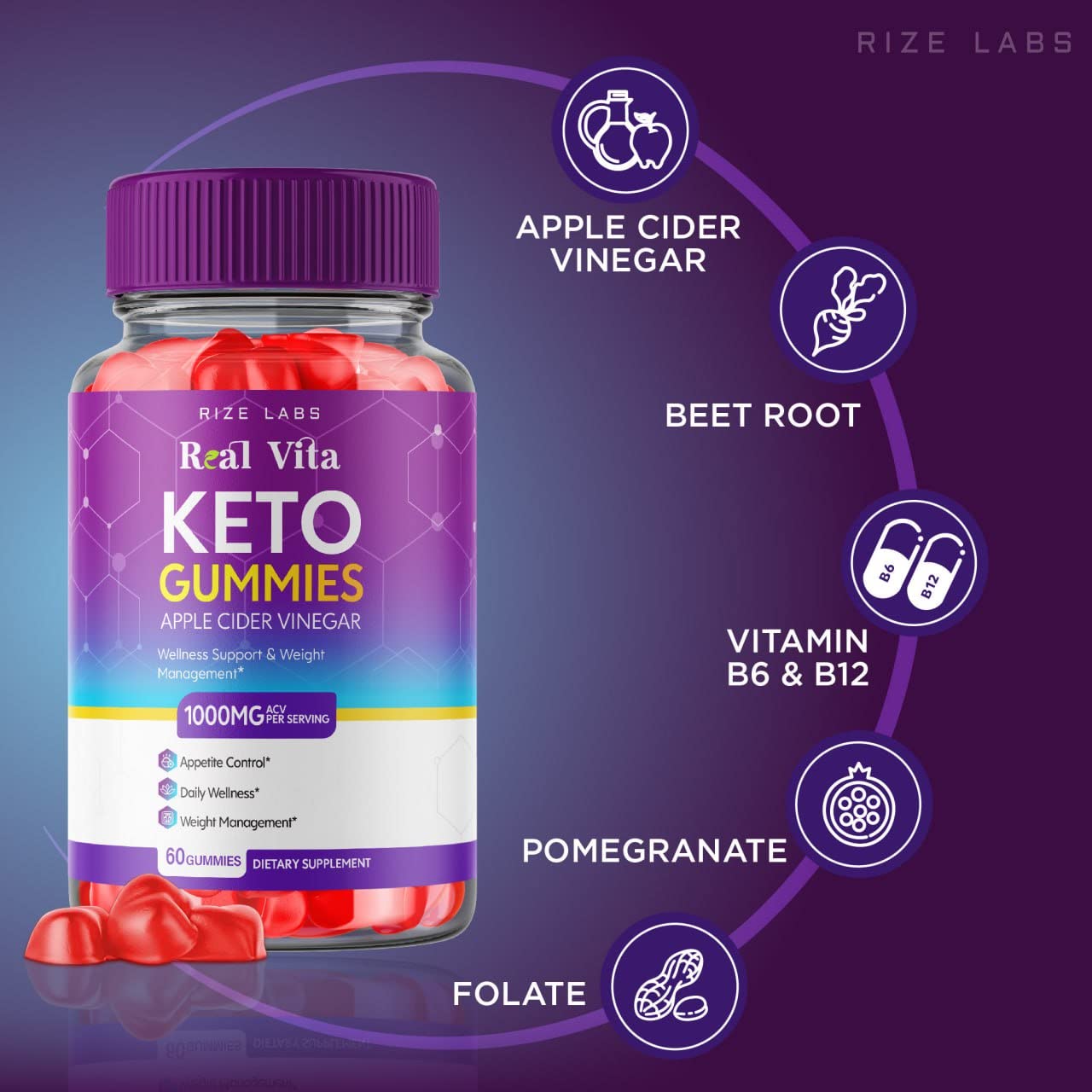 rize labs - Real Vita Keto ACV Gummies for Weight Loss Management Support - Advanced Formula - Apple Cider Vinegar Gummy (300 Gummies) (Pack of 5)