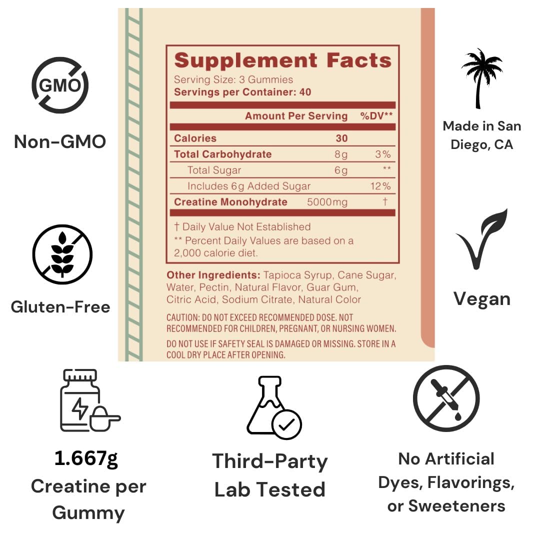 Creatine Monohydrate Gummies 5g - Watermelon Flavored Creatine for Women and Men - Supplement Supports Muscle Gain, Energy, Pre and Post Workout, Focus & Cognition, Recovery (120 count, 40 servings)