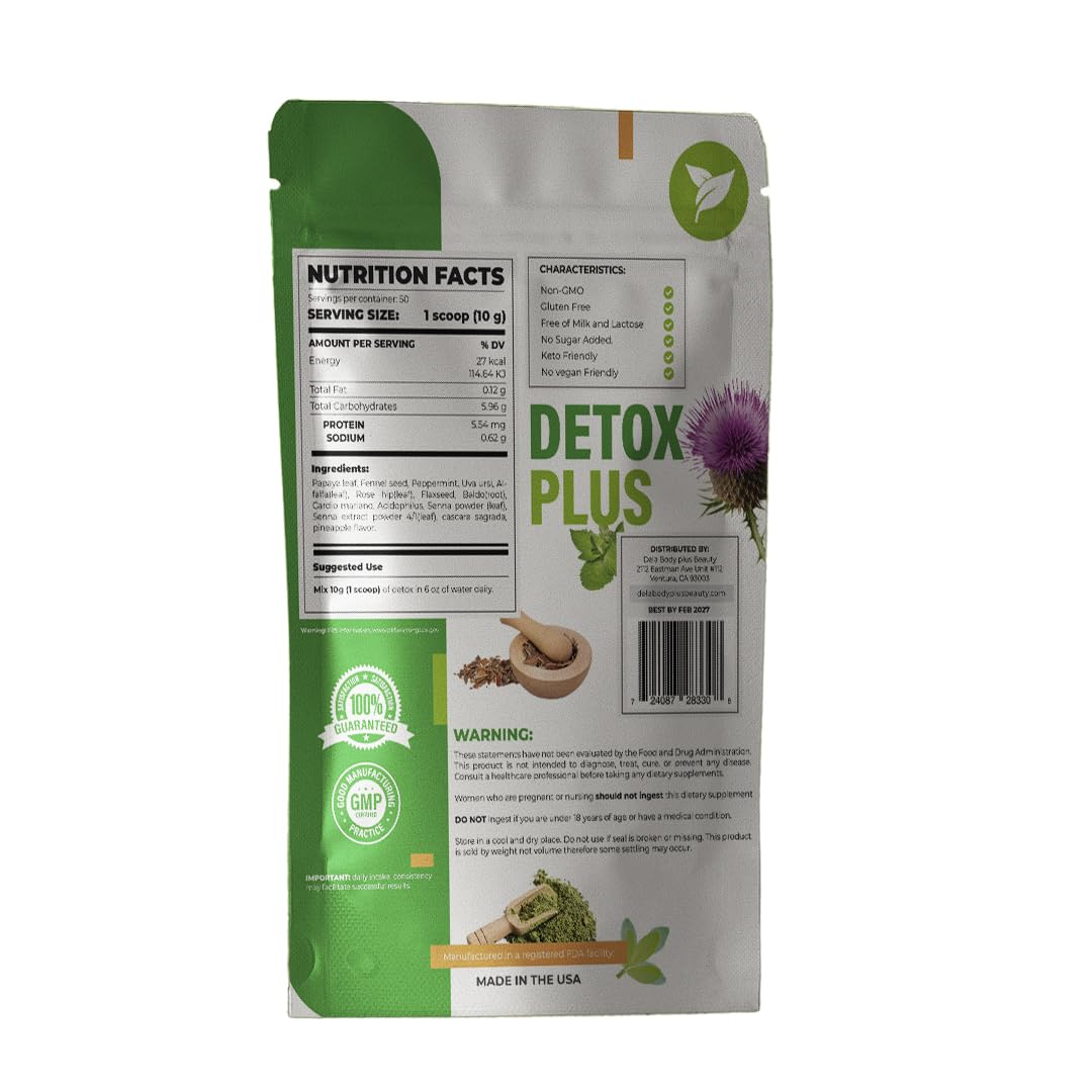 Dela Body plus Beauty Advanced Gut Cleanse Detox. 10g per Serving (Net Weight 500g) Pineapple Flavor. Cleanses intestine, Liver, Kidneys, Blood (1.1 lbs). Cascara Sagrada, Senna Leaf and More...