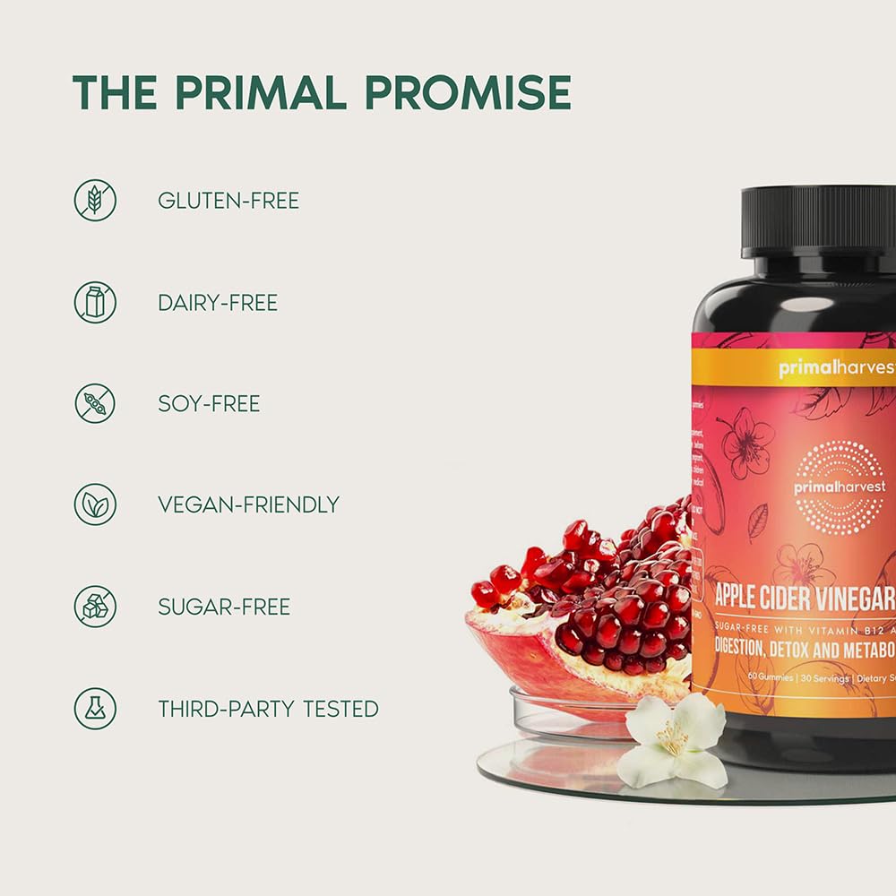 Primal Harvest ACV Gummies, 60 Sugar Free Apple Cider Gummies Beetroot and Pomegranate to Support Immunity, Digestion and Detox 750 MG