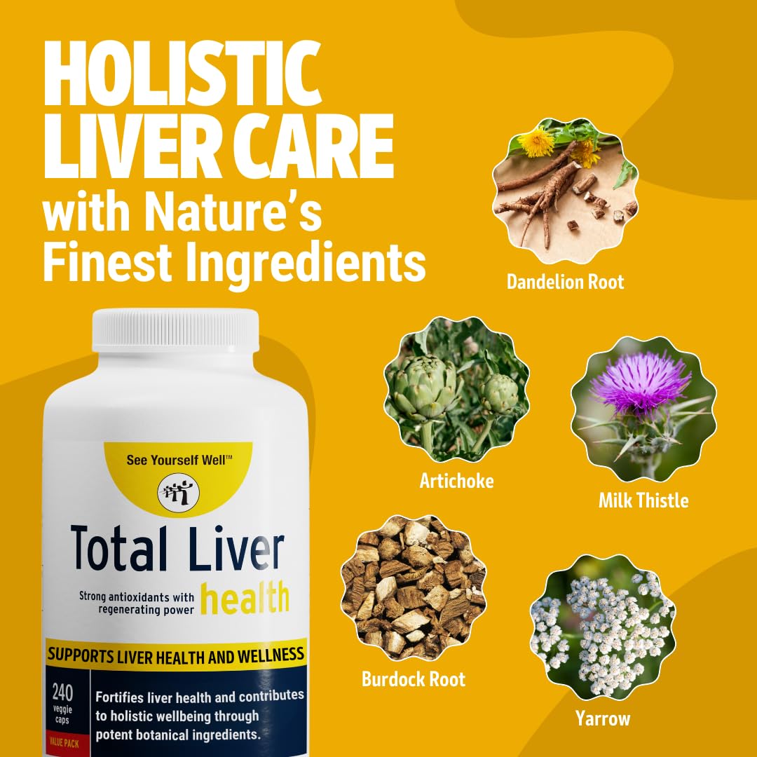 See Yourself Well Total Liver Health Supplement with Milk Thistle, Dandelion Root, Yarrow, Burdock Root, and Artichoke - 240 Vegan Capsules for Liver Function Support