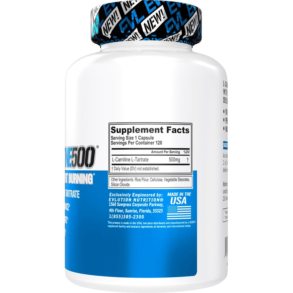 Evlution EVL L-Carnitine Supplement for Weight Loss Support - L carnitine 500mg Diet Pills for Weight Loss Lean Muscle Growth and Fat Burning Support with Stimulant Free L Tartrate - 120 Servings