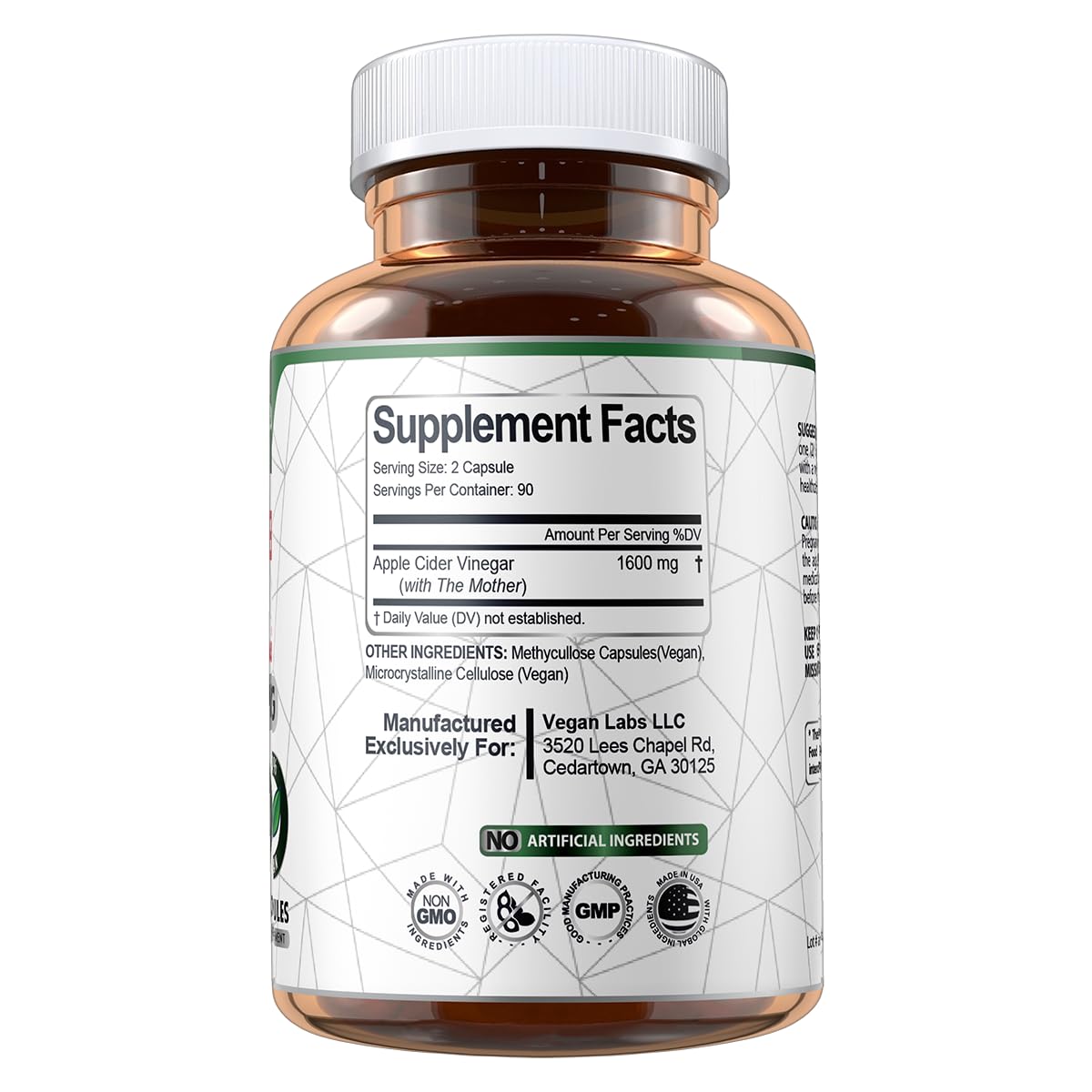 Vegan Labs Apple Cider Vinegar Capsules with The Mother- 180 Vegan Capsules, 1600MG Per Serving- 100% Natural ACV Pills- Supports Healthy Digestion, Keto, Weight Management, Detox, and Immune System