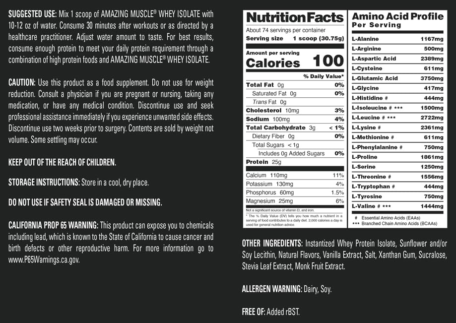 Amazing Muscle Whey Protein Isolate Powder | 25 Grams Protein Per Serving | 100% Whey Isolate | Zero Fat | Made in USA (5 Lb, Vanilla)