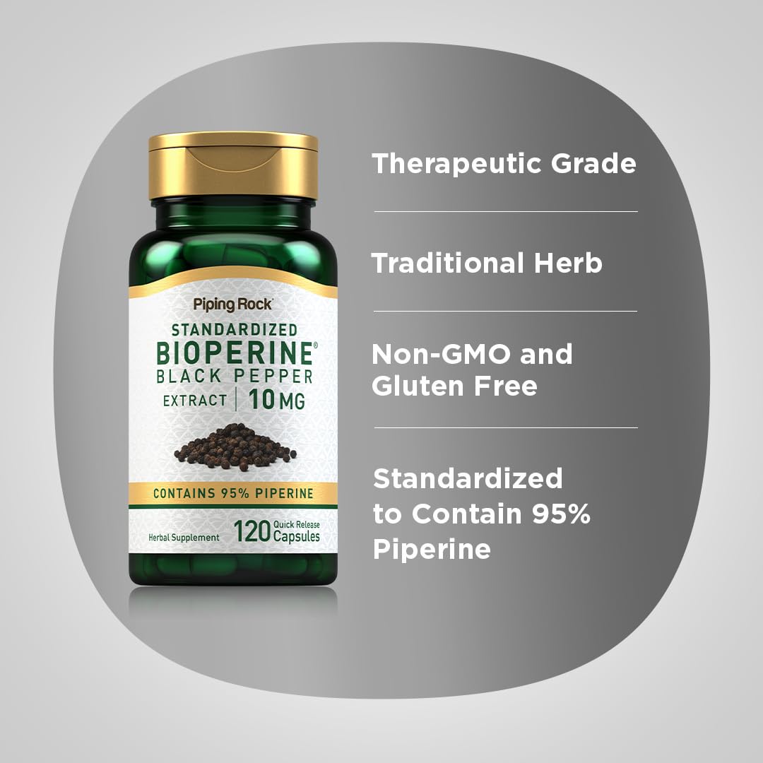 Piping Rock Bioperine Supplement 10mg | 120 Capsules | Black Pepper Extract | 95% Piperine | Gluten Free, Non-GMO