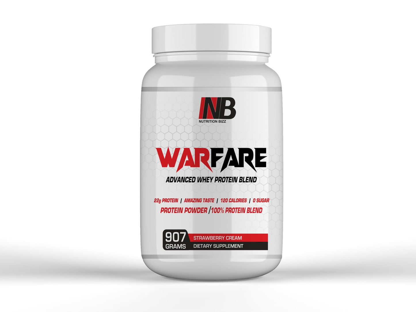 NutritionBizz Warfare 2 lbs Advanced Whey Protein Blend 22g Protein per Serving Amazing Flavors (2 lbs, Strawberry Cream)