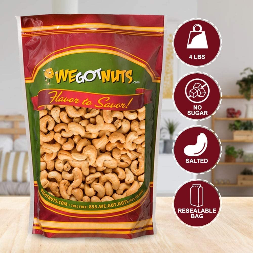Roasted Salted Cashews  Premium Quality Kosher Roasted Cashews By We Got Nuts  Natural  Healthy Rich Flavor Snack  Gourmet Savory Flavor  AirTight Resealable Bag Package  4 lbs