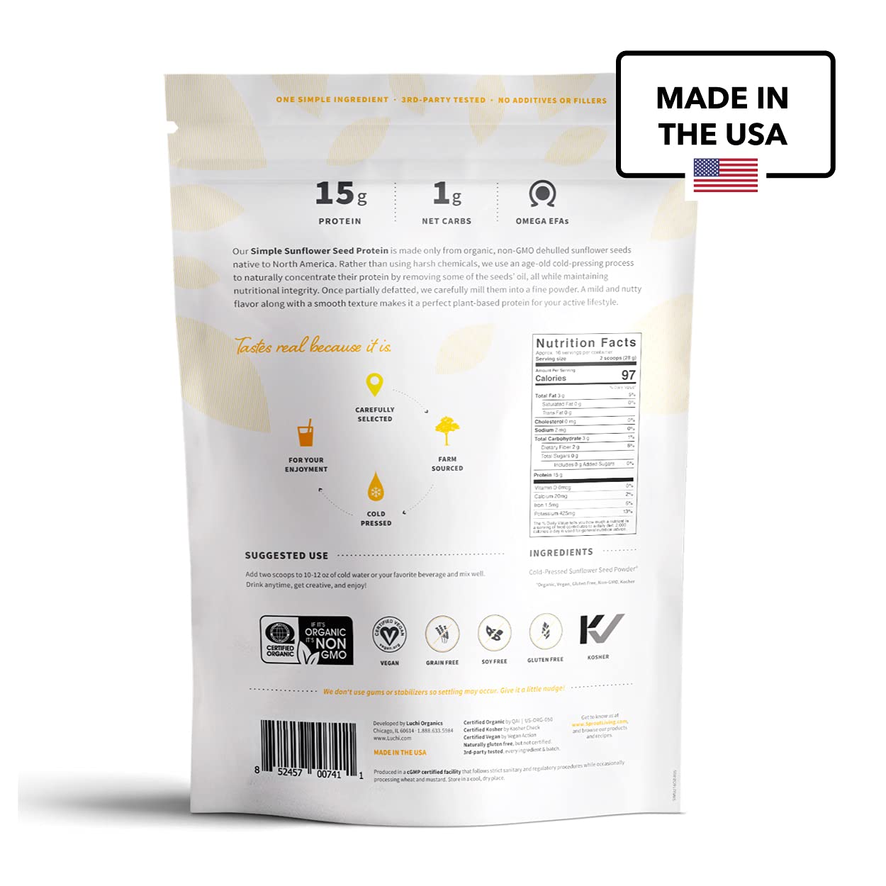 Sprout Living Simple Sunflower Seed Protein Powder, 15 Grams Organic Plant Based Protein Powder Without Artificial Sweeteners, Non Dairy, Non-GMO, Vegan, Gluten Free, Keto Drink Mix (1 Pound)