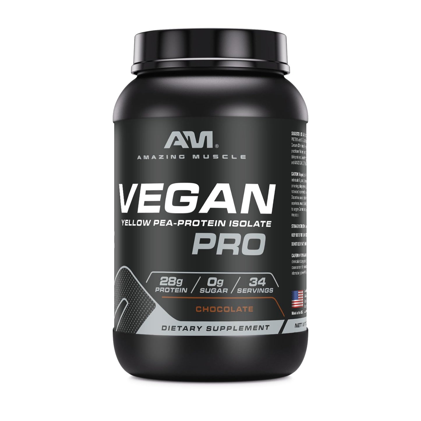 Amazing Muscle Vegan Protein Powder | 28 Grams Protein | 34 Servings | Zero Sugar | Yellow Pea Protein Isolate Supplement | Made in USA (3 Lb, Chocolate)