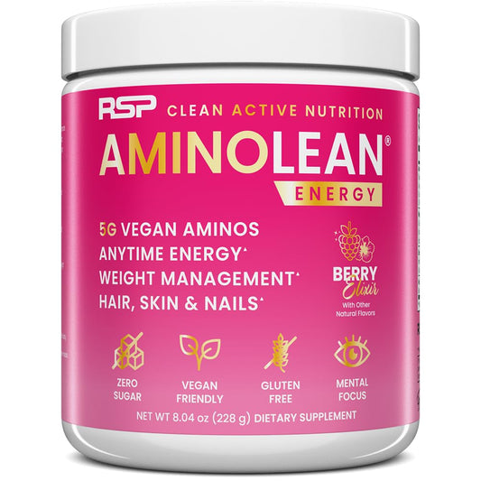 RSP NUTRITION AminoLean Pre Workout, Clean Energy with No Jitters, Tingles or Crash, Vegan Friendly with Added Biotin for Hair, Skin, Nails, Berry Elixir, 30 Servings