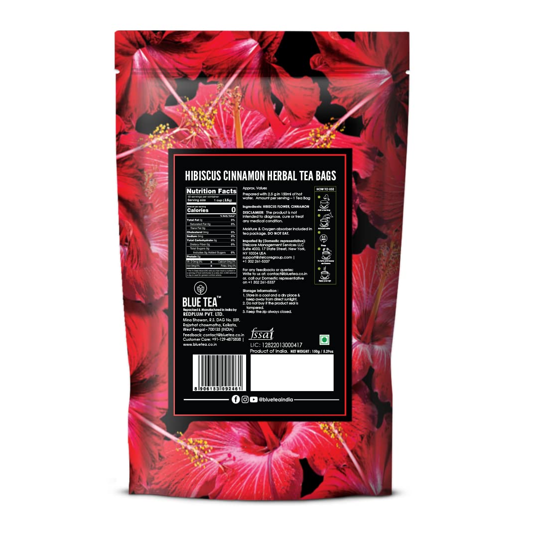BLUE TEA  Hibiscus Cinnamon Herbal Tea  60 Tea Bags  PRIME SAVINGS DAY  TANGY  SPICY  Caffeine  Free  Farm Packed  Flower Based  Vegan  Gluten Free  NonGMO  EcoConscious Ziplock Pouch