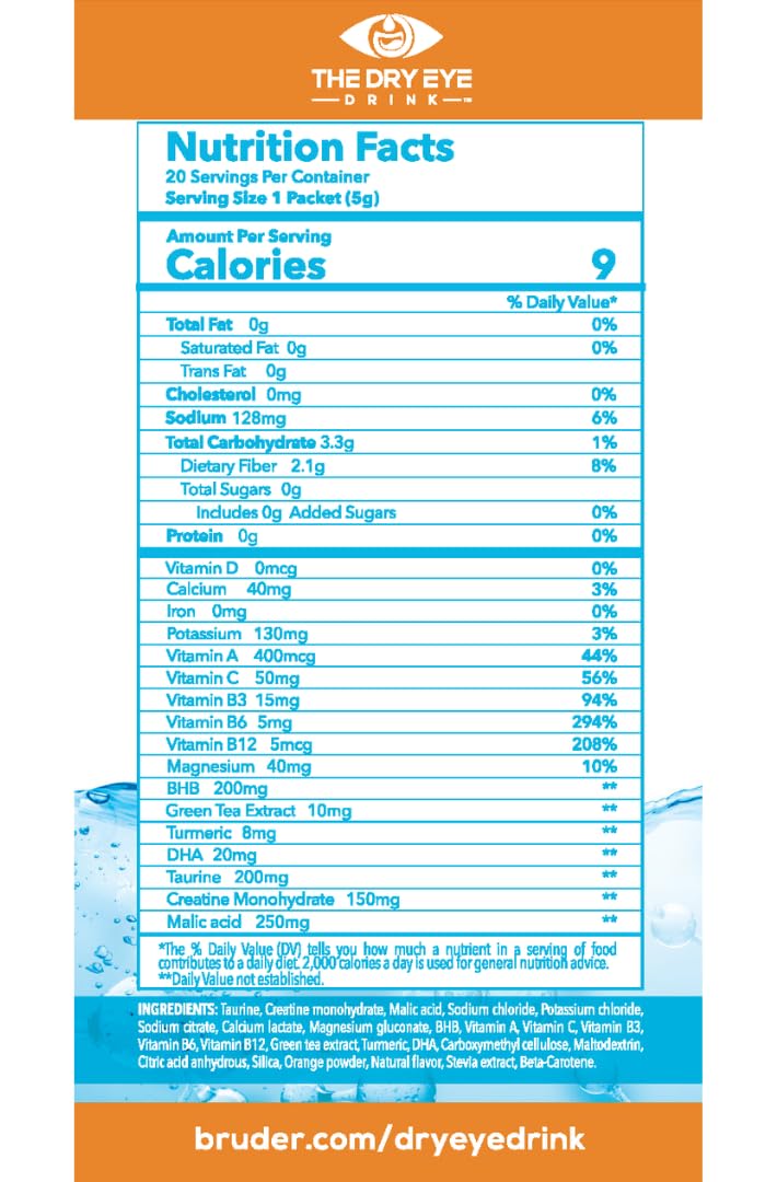 The Dry Eye Drink l Ultimate Hydration for Dry Eyes l Sugar-Free Electrolyte Powder Packets l Blended with Vitamins, Green Tea, Turmeric, Taurine, and DHA l 5g x 20 Packets (Orange)