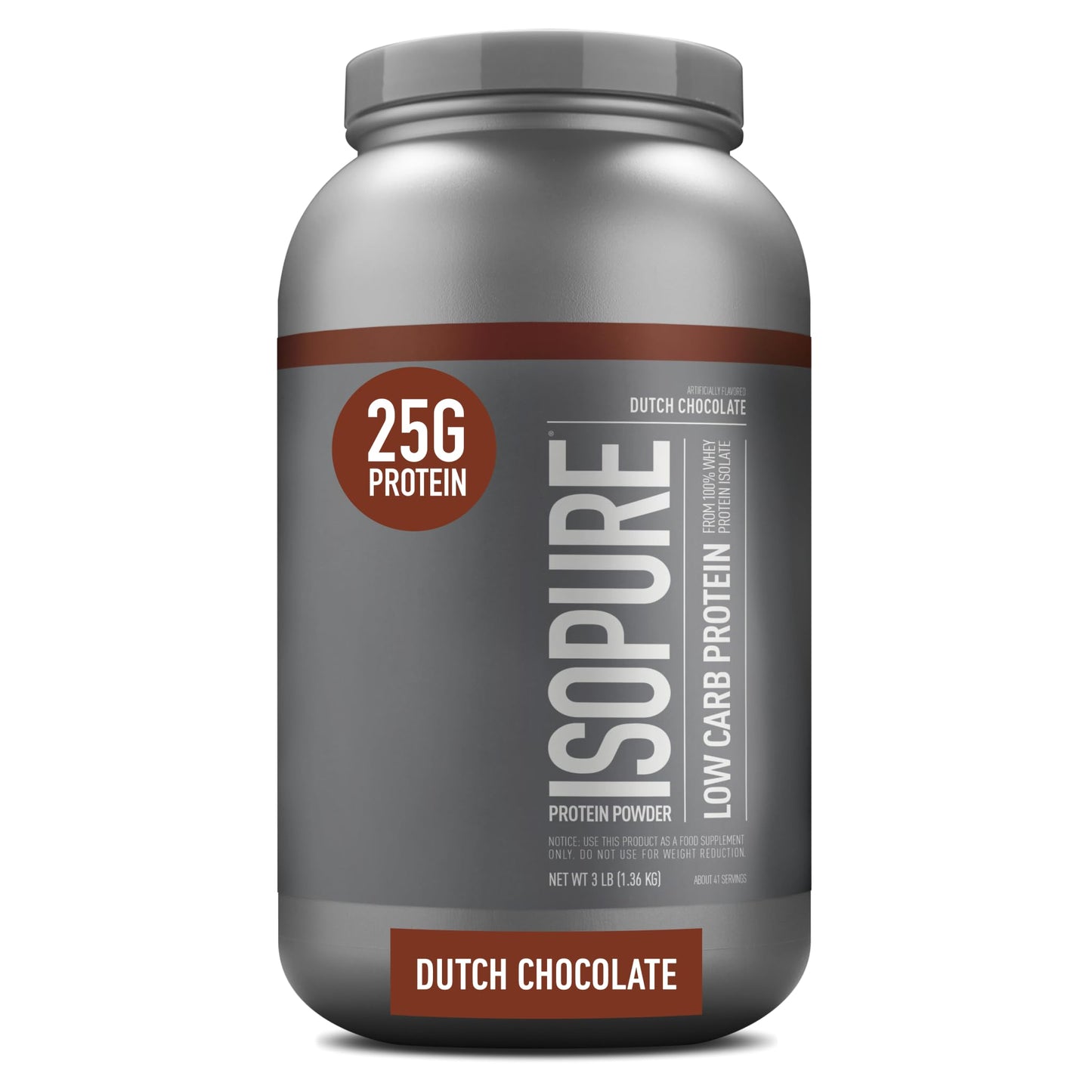 Isopure Low Carb 100% Pure Whey Isolate Protein Powder, Lactose Free, Gluten Free, With Vitamins, Dutch Chocolate, 25g Protein Per Serving, 3 Lbs, 41 Servings
