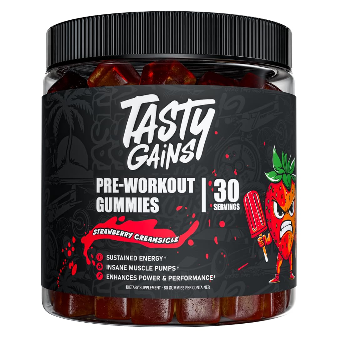 TASTY GAINS - Pre-Workout Gummies - Energy & Focus Boost, Caffeine Gummies for Men & Women, 400mg of Caffeine, Fat-Burning Preworkout for Strength & Endurance, Strawberry Creamsicle Flavor, 60 Count