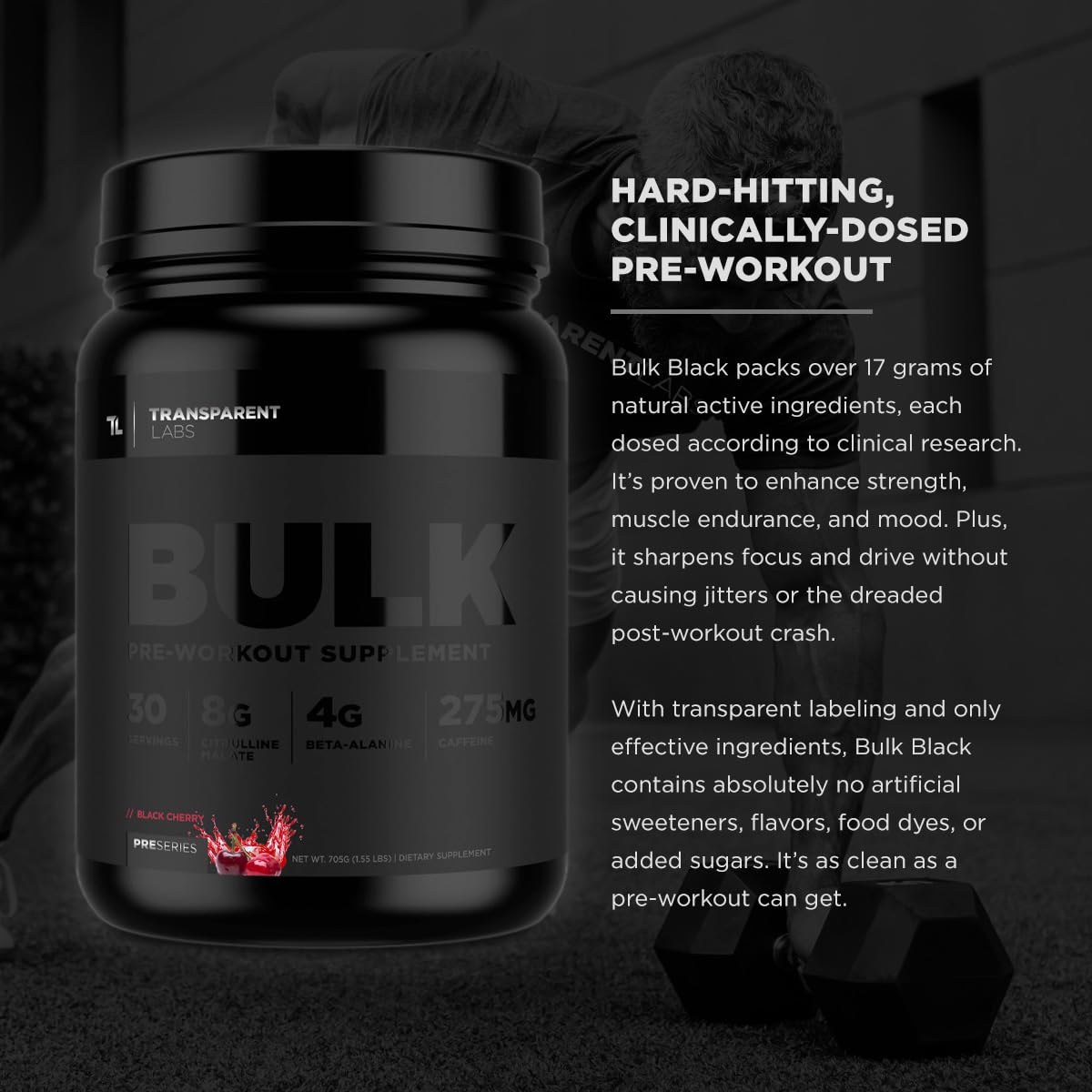 Transparent Labs Bulk Black Pre Workout - Clinically Dosed, Sugar Free Preworkout for Men and Women with Beta Alanine Powder, Citrulline Malate, & Caffeine - 30 Servings, Cherry Kiwi