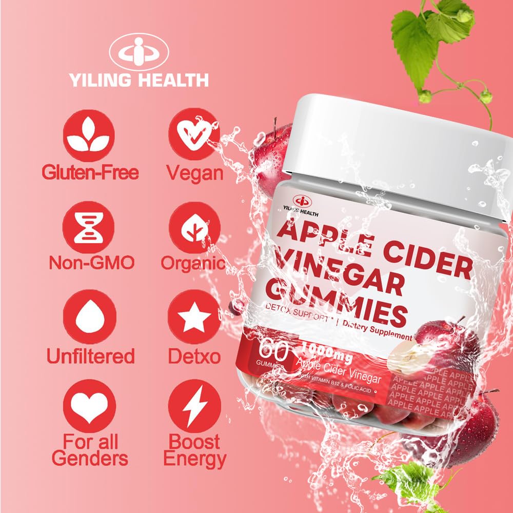 YiLing Improved Sour-Sweet Taste Apple Cider Vinegar Gummies - 1000mg -Formulated to Support Immune Health Normal Energy Levels & Gut Health- Apple Flavor Gummies Enriched B12 / B6 / Beetroot