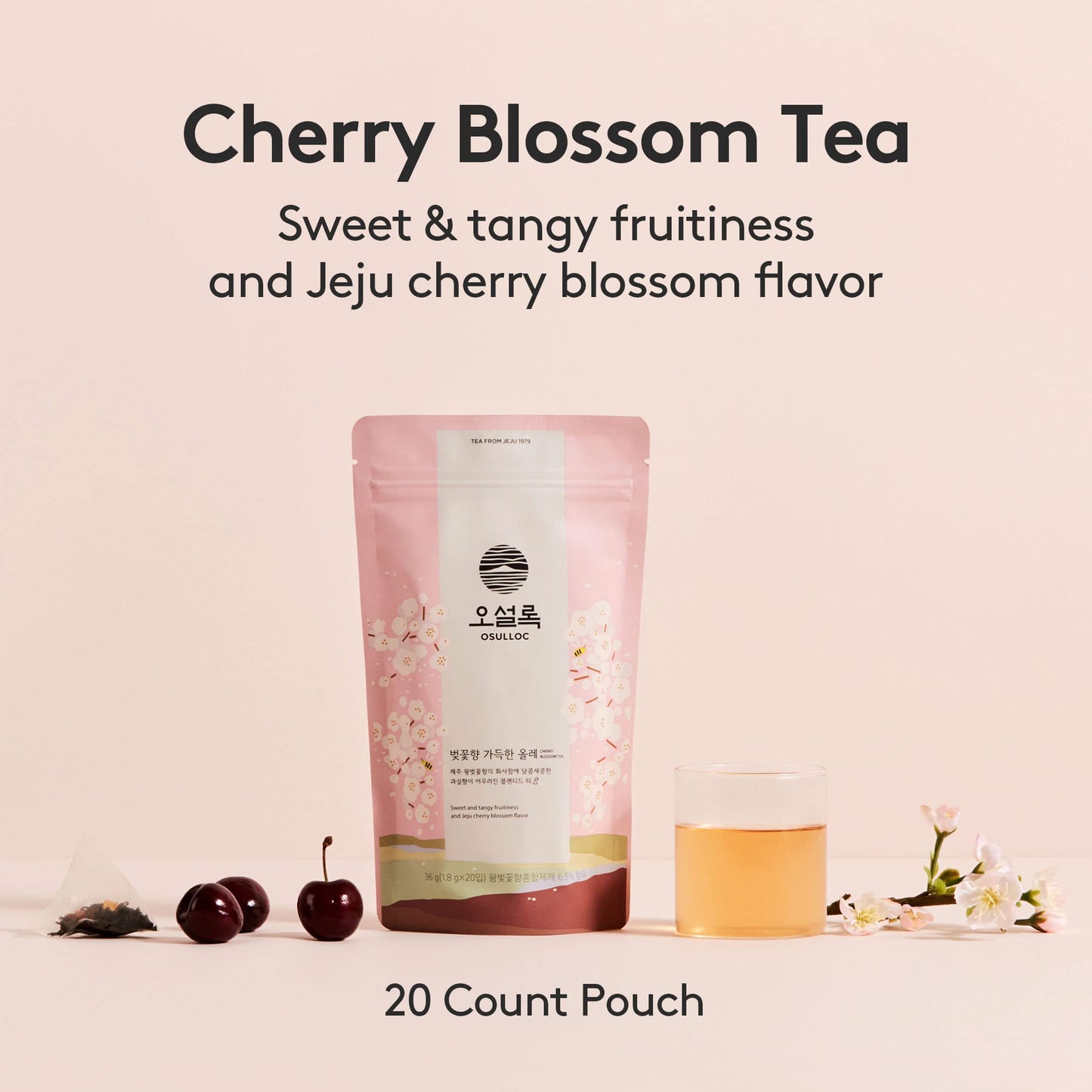 OSULLOC Cherry Blossom Tea Floral Sweet cherry scent  Korean Premium Blended Tea Bag  Sweet Fruit Tea  20 Count Tea Bags 127oz