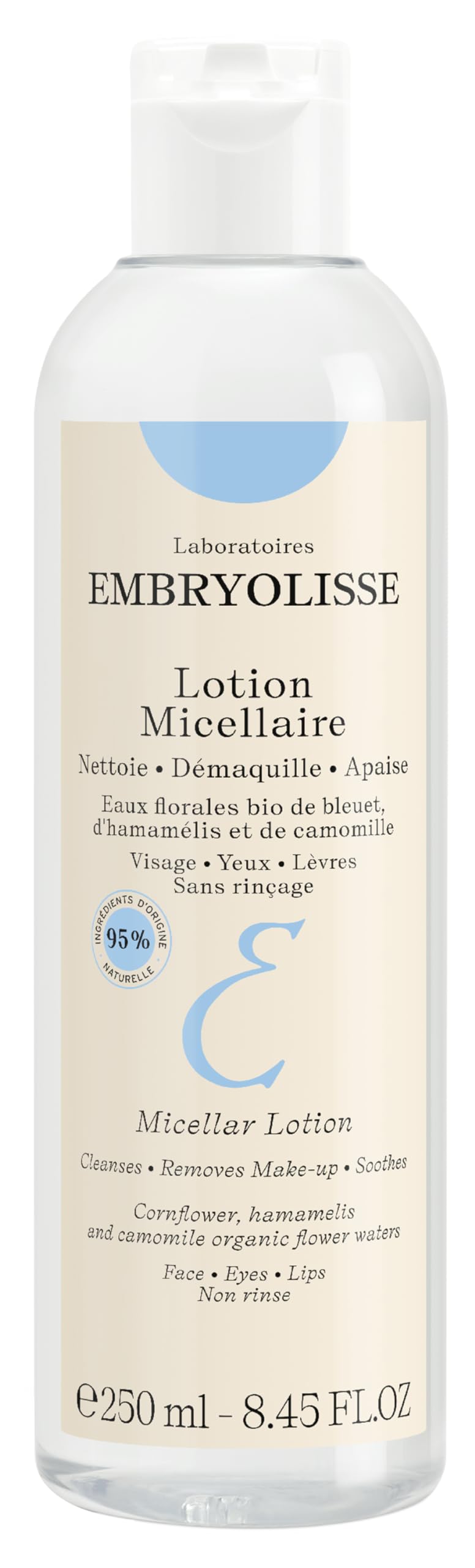 Embryolisse Micellar Lotion Makeup Remover for Sensitive Skin, Gentle Cleansing and Toning Floral Water with Chamomile, Cornflower & Witch Hazel, No-Rinse, 8.45 fl oz