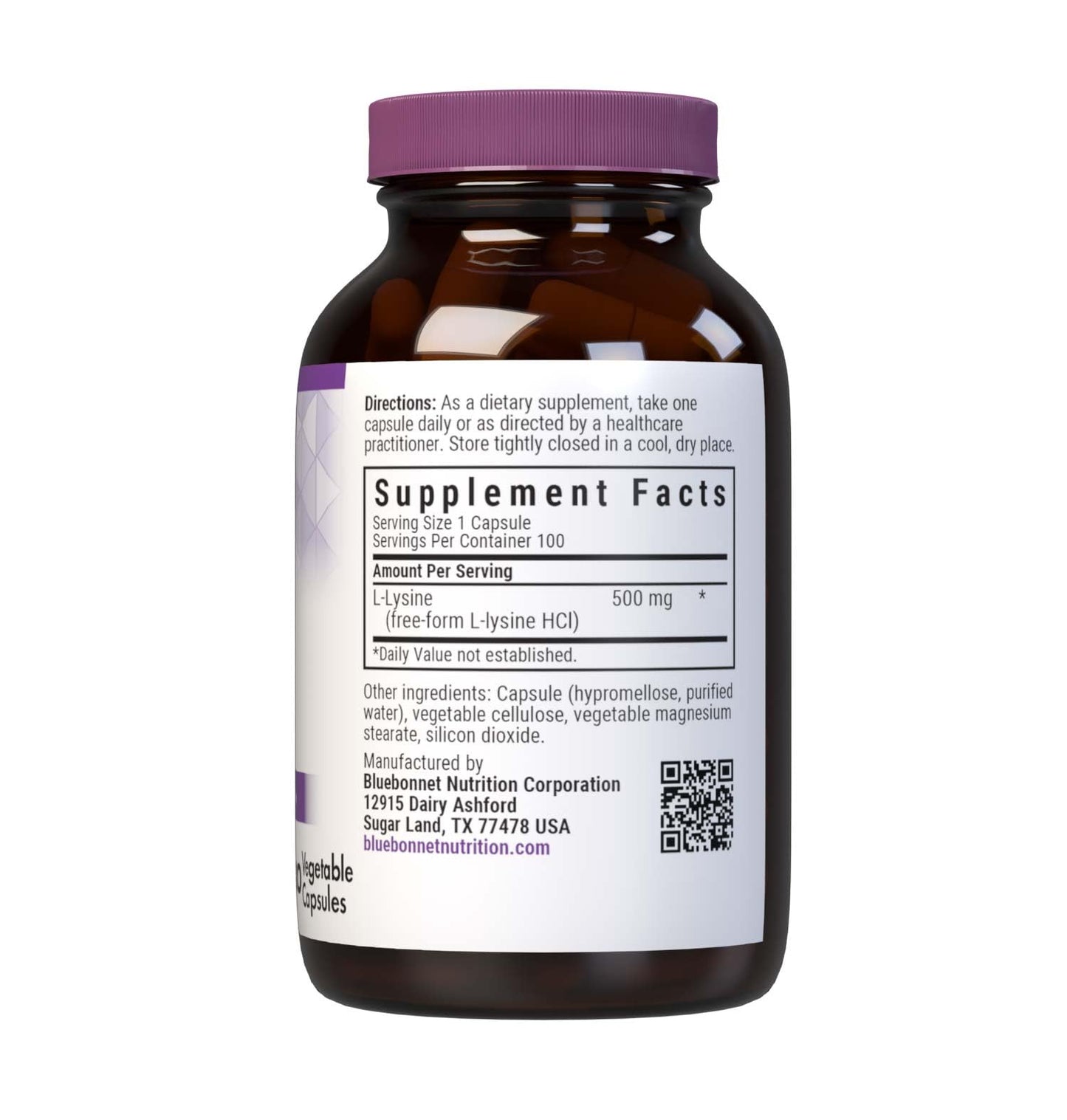 Bluebonnet Nutrition L-Lysine 500mg, for Healthy Immune Function, Supports Collagen Synthesis, Soy-Free, Gluten-Free, Non-GMO, Kosher Certified, Vegan, 100 Capsules