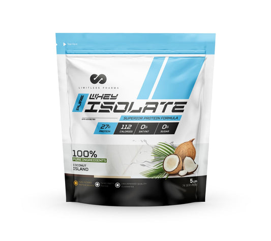 Limitless Pharma Pure Whey Isolate | High Protein Whey Isolate Protein Powder | 27g Protein, 6g BCAAs, Sugar Free, Gluten Free, Low Carb, Low Lactose | 74 Servings, 5LB (Coconut Island)
