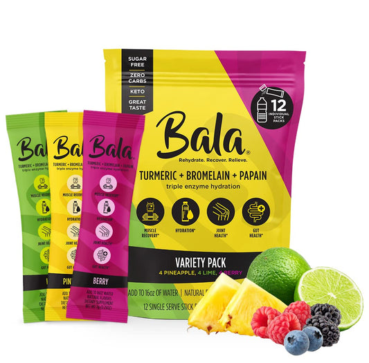 BALA Enzyme Hydration & Sugar-Free Electrolyte Drink Mix - Turmeric, Bromelain, Papain - Recovery, Immunity, Mobility - Variety Pack 0.25oz (12 Count)