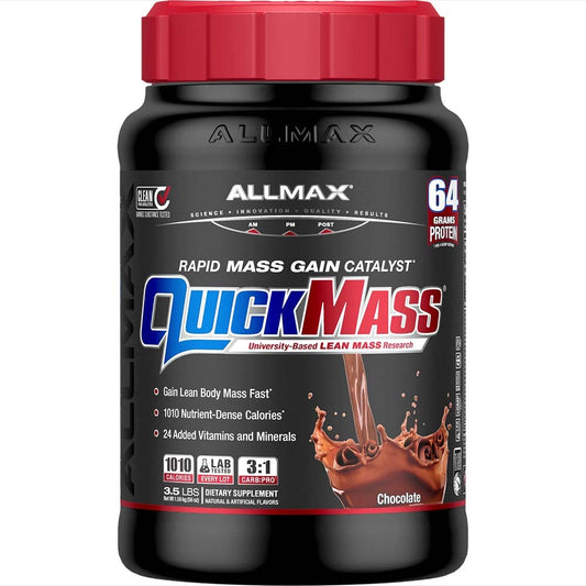 ALLMAX QUICKMASS, Chocolate - 3.5 lb - Rapid Mass Gain Catalyst - Up to 64 Grams of Protein Per Serving - 3:1 Carb to Protein Ratio - Zero Trans Fat - Up to 24 Servings
